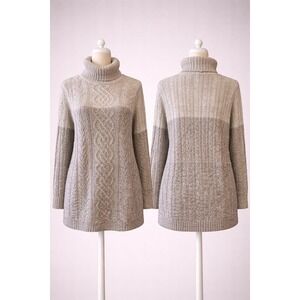 Jeanne Pierre Womens XL Cable Knit Turtleneck Ombre Sweater Grey Cream Cotton